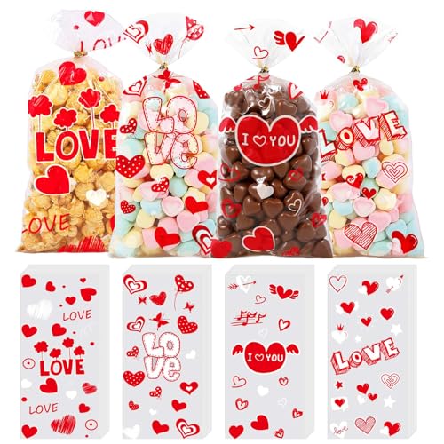 ONFAON Valentines Goodie Bags, 180pcs Valentines Candy Bags with 200pcs Twists for Snacks Cookies Candy Packing, Cellophane Treat Bags for Classroom Parties, Kids, Coworkers - Image 1