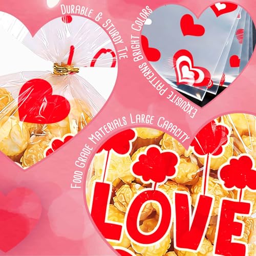 ONFAON Valentines Goodie Bags, 180pcs Valentines Candy Bags with 200pcs Twists for Snacks Cookies Candy Packing, Cellophane Treat Bags for Classroom Parties, Kids, Coworkers - Image 3