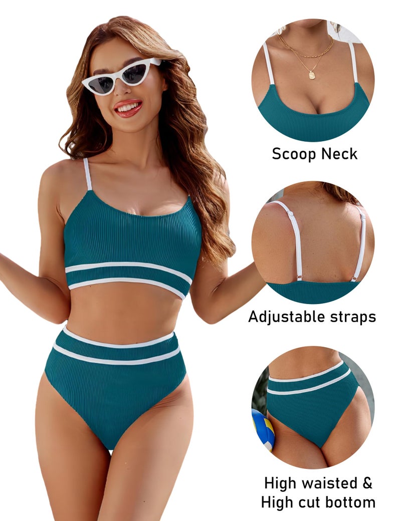 BMJL Women's High Waisted Bikini Ribbed Two Piece Swimsuit High Cut Color Block Adjustable Straps Bathing Suit(M,Dark Green Blue) - Image 4