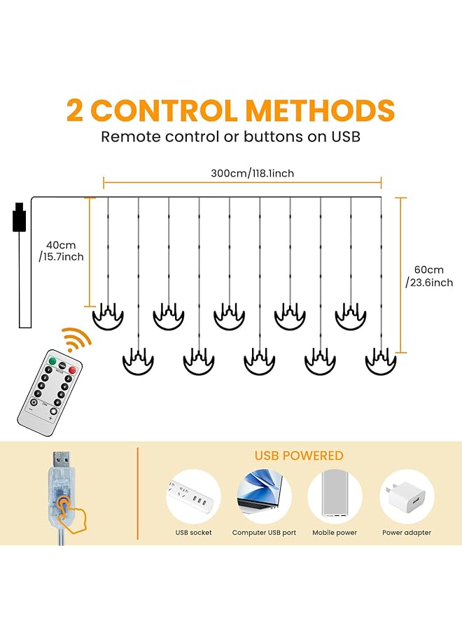 إيروريكس أضواء زينة رمضان، أضواء ستائر LED معلقة تعمل بمنفذ USB مع جهاز تحكم عن بعد لغرفة النوم والحفلات والعطلات، 8 أوضاع إضاءة - Image 2