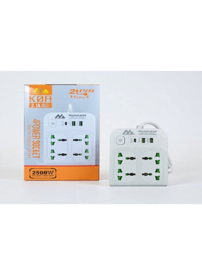 K08 4-Socket Power Strip with 2 USB + 1 Type-C – Multi-Device Charging & Power Hub - Image 2