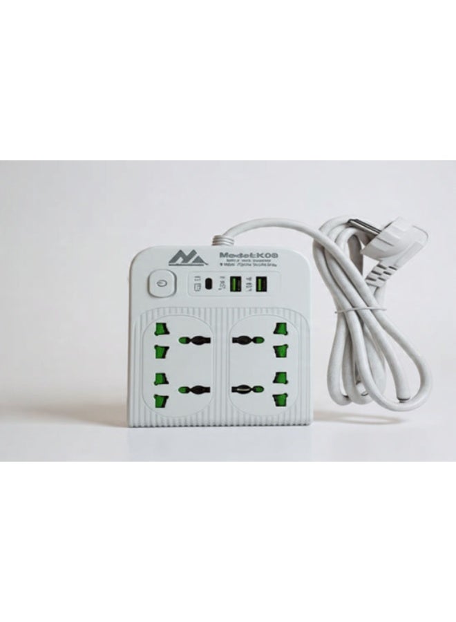 K08 4-Socket Power Strip with 2 USB + 1 Type-C – Multi-Device Charging & Power Hub - Image 1