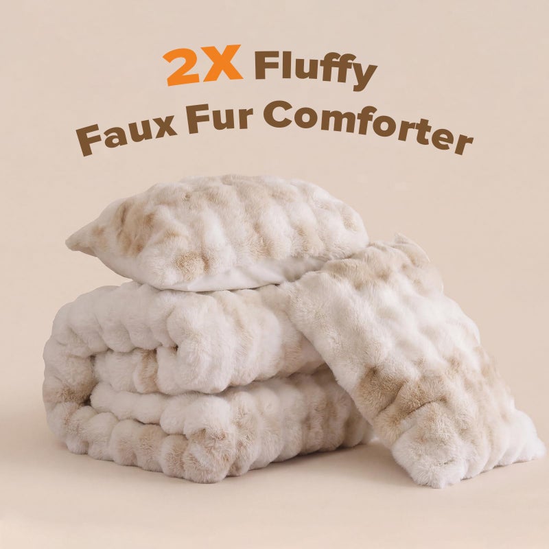 YIKUSH Fluffy Comforter Set King Size - Soft & Fuzzy Faux Fur King Comforter, Ultra Plush Tie-dye Cream White Comforter with Flannel Back, Warm Yet Lightweight Cozy Bedding Set - Image 2