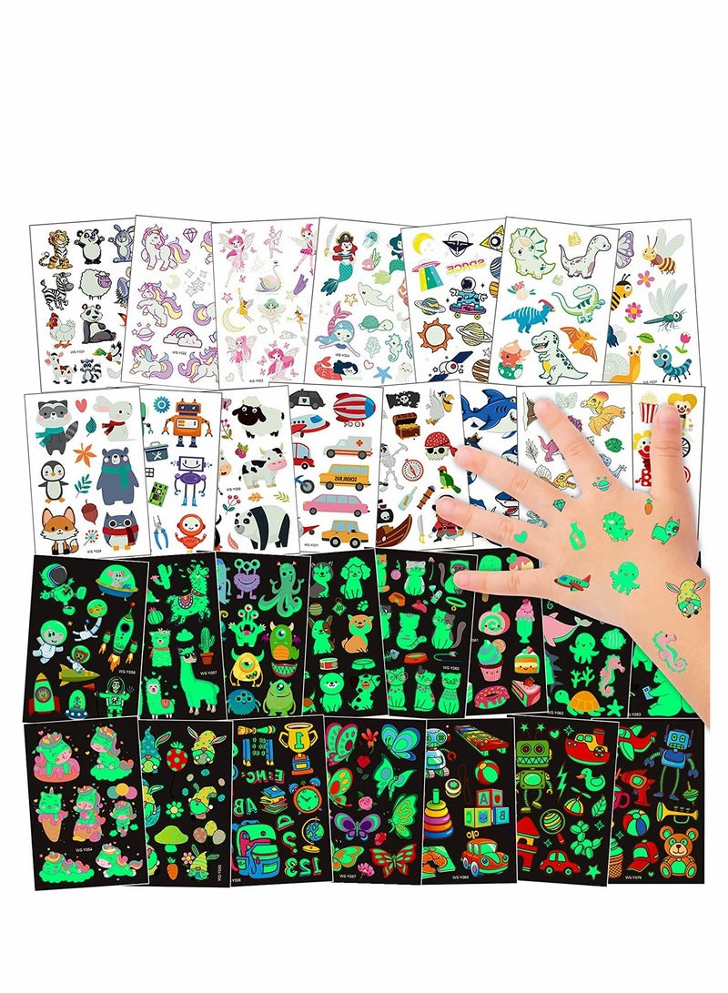 SYOSI Luminous Tattoos, Fake Tattoo Stickers with Butterfly Dinosaur Space Theme, Temporary Tattoos for Kids Boys Girls Birthday Party Gift Bag Fillers, 300+Mixed Style, 30 Sheets - Image 1