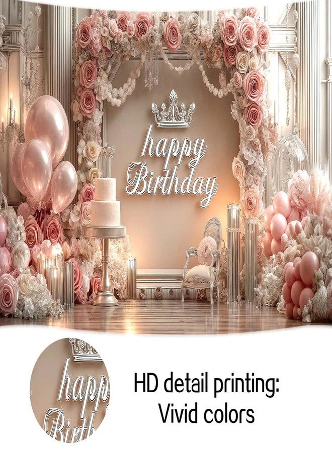 NYMB Romantic and Happy Pink Birthday Celebration Banner Background with Crown Balloons Cake Candles Background Princess Parties Female Birthdays Bachelorette Parties Baby Showers & Photography Props - Image 4
