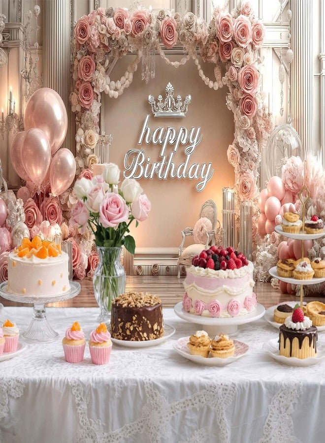 NYMB Romantic and Happy Pink Birthday Celebration Banner Background with Crown Balloons Cake Candles Background Princess Parties Female Birthdays Bachelorette Parties Baby Showers & Photography Props - Image 3