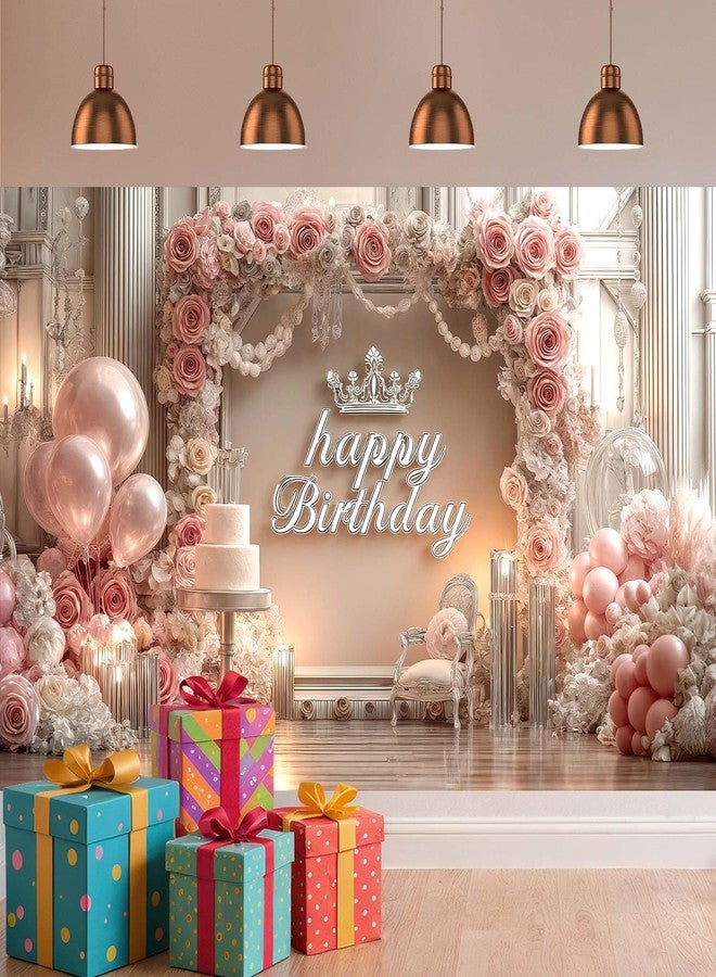 NYMB Romantic and Happy Pink Birthday Celebration Banner Background with Crown Balloons Cake Candles Background Princess Parties Female Birthdays Bachelorette Parties Baby Showers & Photography Props - Image 2