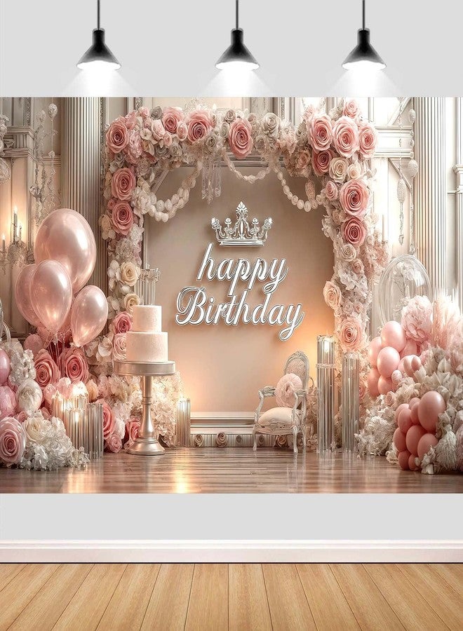NYMB Romantic and Happy Pink Birthday Celebration Banner Background with Crown Balloons Cake Candles Background Princess Parties Female Birthdays Bachelorette Parties Baby Showers & Photography Props - Image 1