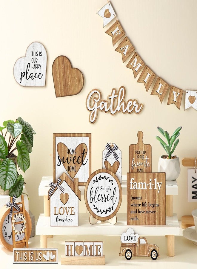 Yaomiao Farmhouse Tiered Tray Decor Set Rustic Farmhouse Wood Sign Decor Items Vintage Rustic Family Gather Blessed Tiered Tray This is Our Happy Place Sign for Home Kitchen Table Shelf - Image 2