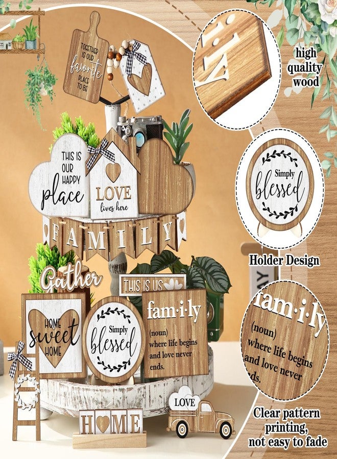 Yaomiao Farmhouse Tiered Tray Decor Set Rustic Farmhouse Wood Sign Decor Items Vintage Rustic Family Gather Blessed Tiered Tray This is Our Happy Place Sign for Home Kitchen Table Shelf - Image 3