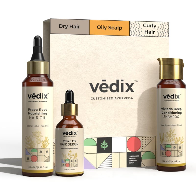 Vedix Customized Hair Fall Control Regimen for Dry Hair Oily Scalp Curly Hair 3 Product Ayurvedic Kit Anti Hair Fall Oil Neem Lotus AntiHairfall Shampoo For Dry Hair Vithan Pro Hair Growth Serum - Image 1
