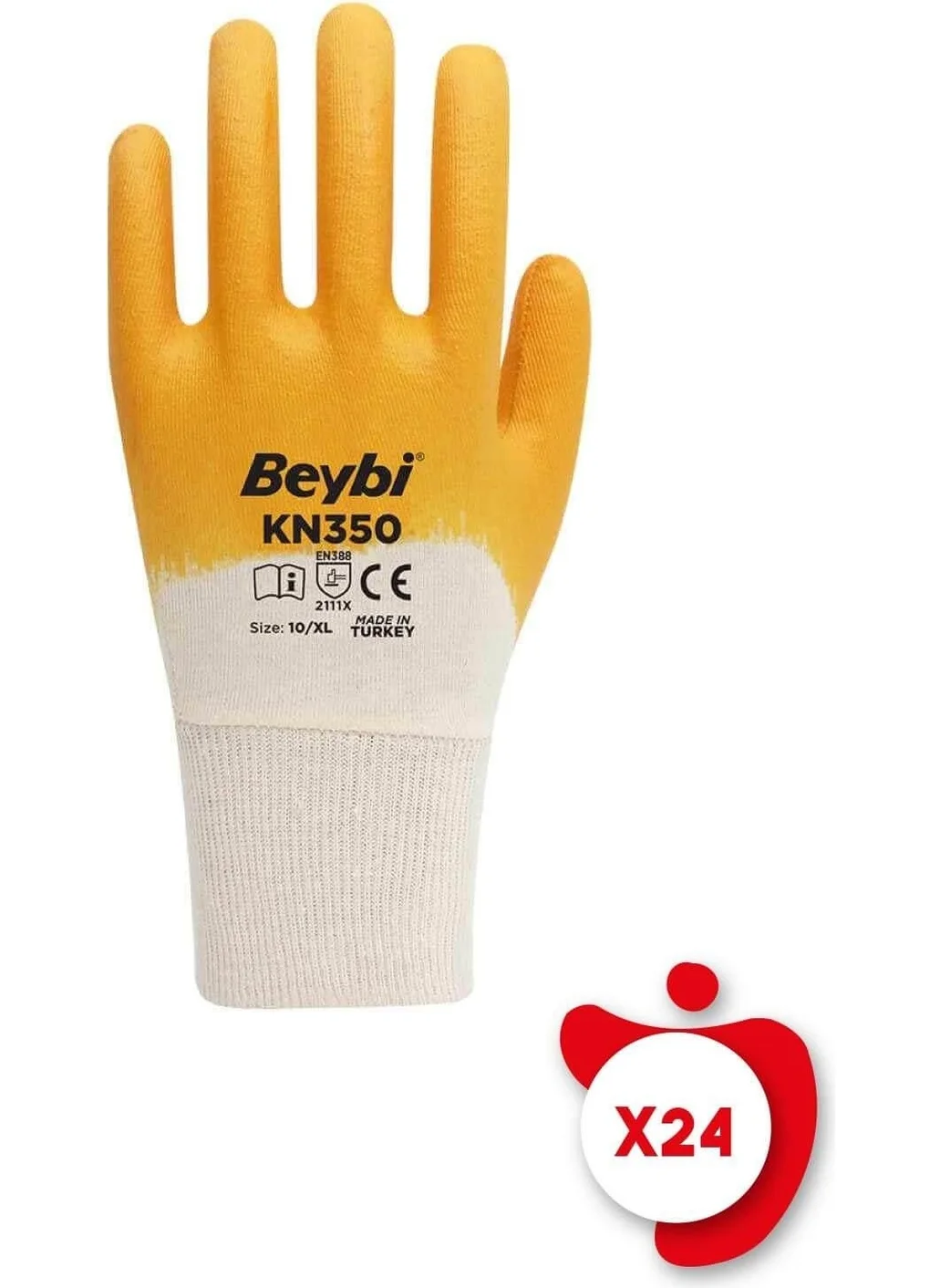 Beybi KN350 Yellow Cotton Nitrile Work Gloves Size 10 24 Pairs