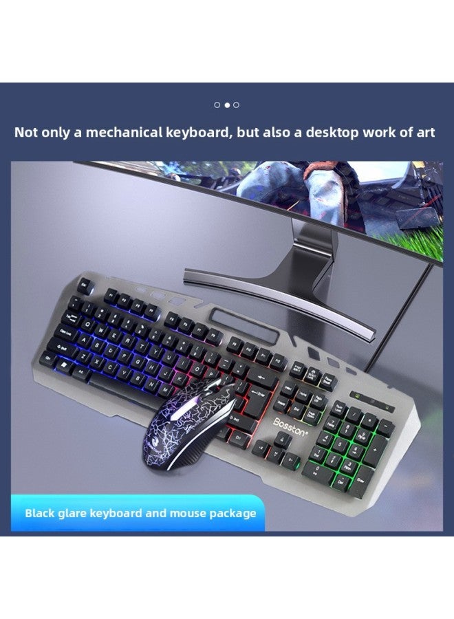 Wired Keyboard Mouse Suit Backlit Gaming Computer Desktop Notebook Suspension Key Cap Mechanical Feel USB Connection-Color:Aluminum Alloy Panel Keyboard + Mouse Set