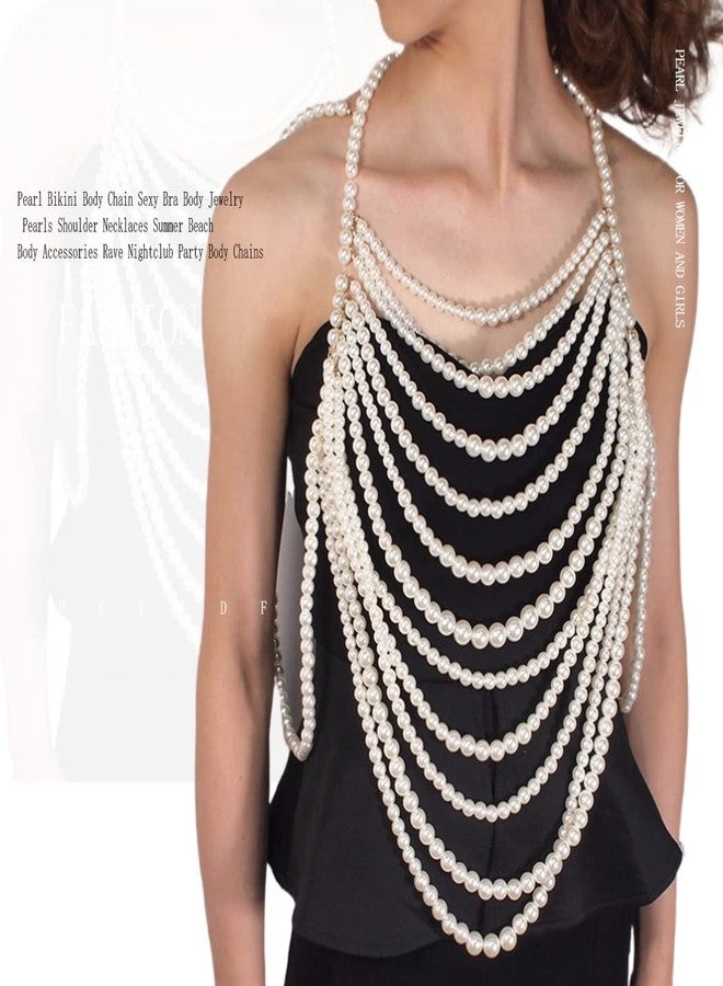 Bmirth Pearl Body Chain Pearl Body Jewelry Top Pearls Shoulder Necklace for Women Summer Beach Body Accessories Rave Nightclub Party (tassel body chain-1) - Image 2