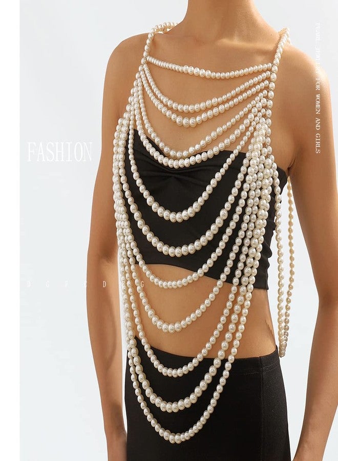 Bmirth Pearl Body Chain Pearl Body Jewelry Top Pearls Shoulder Necklace for Women Summer Beach Body Accessories Rave Nightclub Party (tassel body chain-1) - Image 3