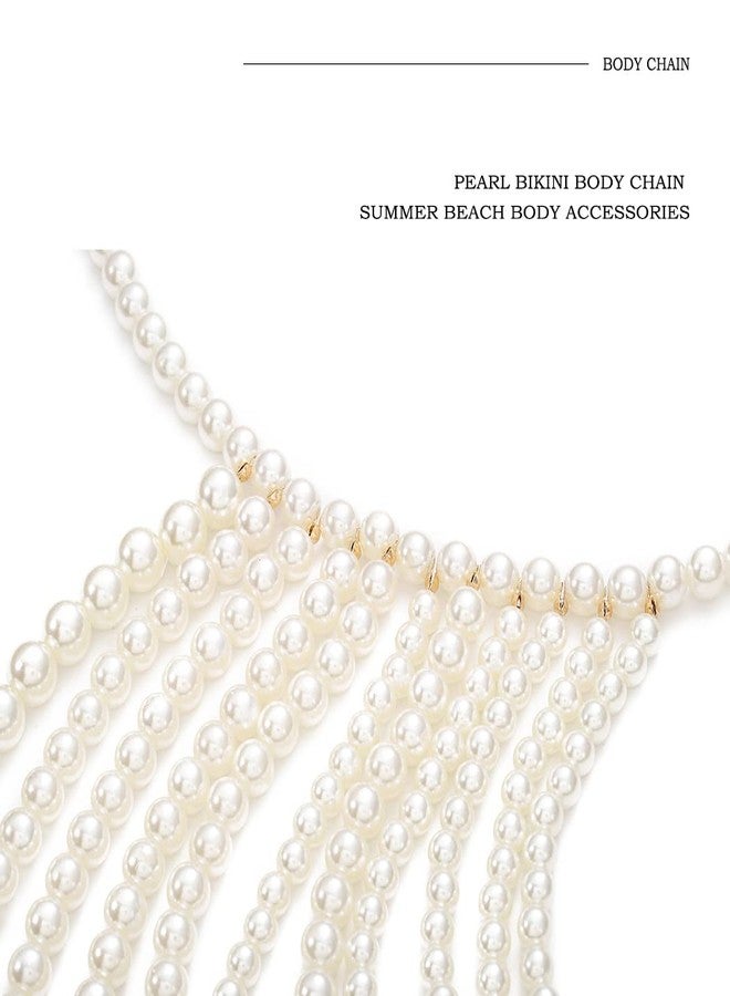 Bmirth Pearl Body Chain Pearl Body Jewelry Top Pearls Shoulder Necklace for Women Summer Beach Body Accessories Rave Nightclub Party (tassel body chain-1) - Image 5