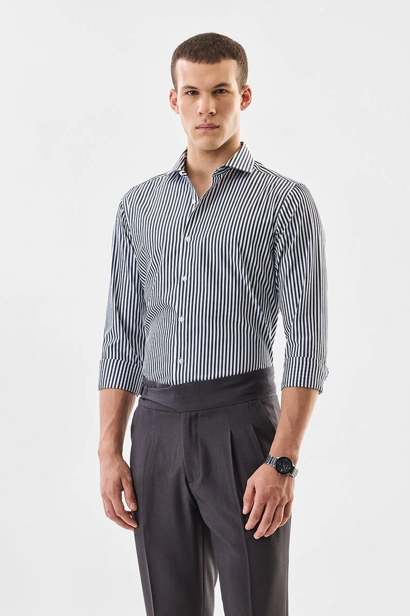 سنيتش Black Striped Long Sleeve Slim Fit Formal Luxe Shirt