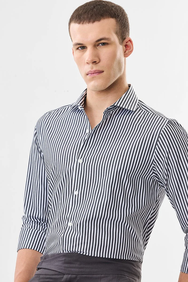 سنيتش Black Striped Long Sleeve Slim Fit Formal Luxe Shirt