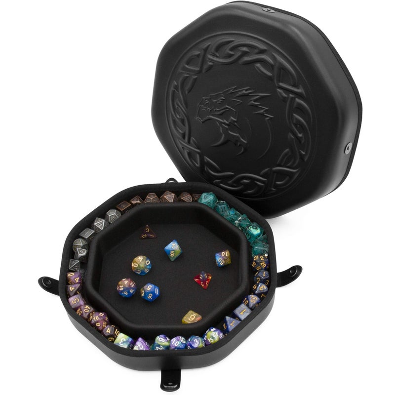 CASEMATIX Dice Tray and Dice Storage Case for Up to 115 RPG Dice - Dice Tray for Rolling with Magnetic Snaps, Embossed Dragon Design and Non-Scratch Interior for Random Rolls Dice Protection - Image 1