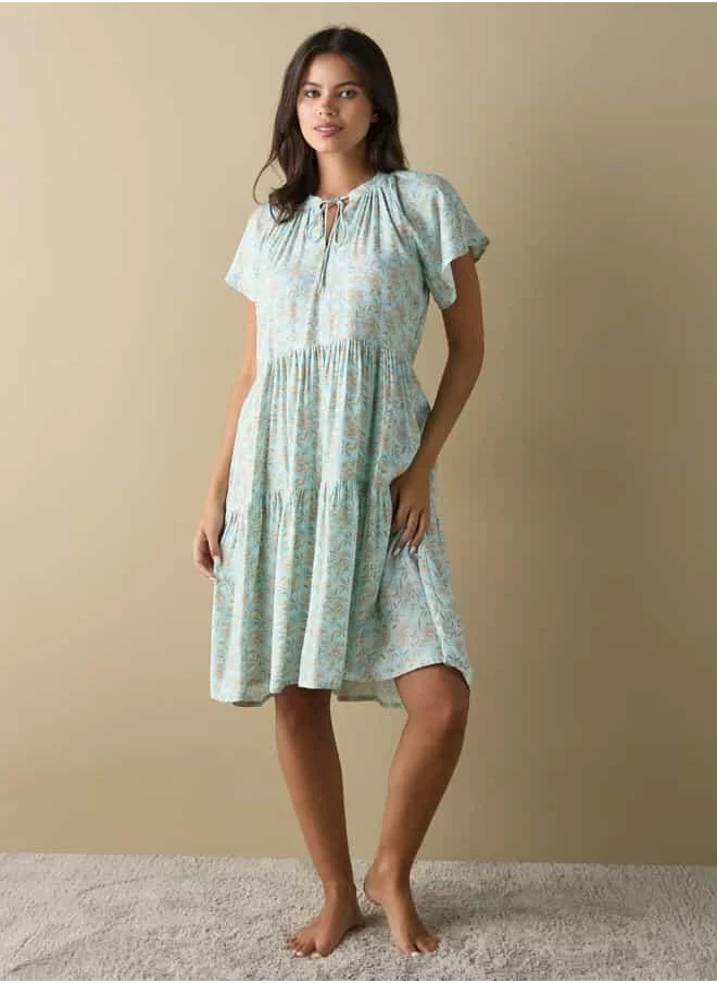 فاف All-Over Floral Print Sleepshirt with Tie-Ups