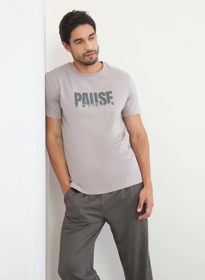 Styli Men Grey Graphic Print T-Shirt and Pyjama Set