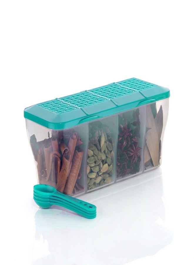 HAPPI Multipurpose Plastic 4 In 1 Masala Box for Kitchen,Spice Boxes for Kitchen,Transparent 4 Compartment Storage Containers Airtight Grocery, Dry Fruits Box 1800 Ml with 4 Spoons(Sea Green) - Image 3