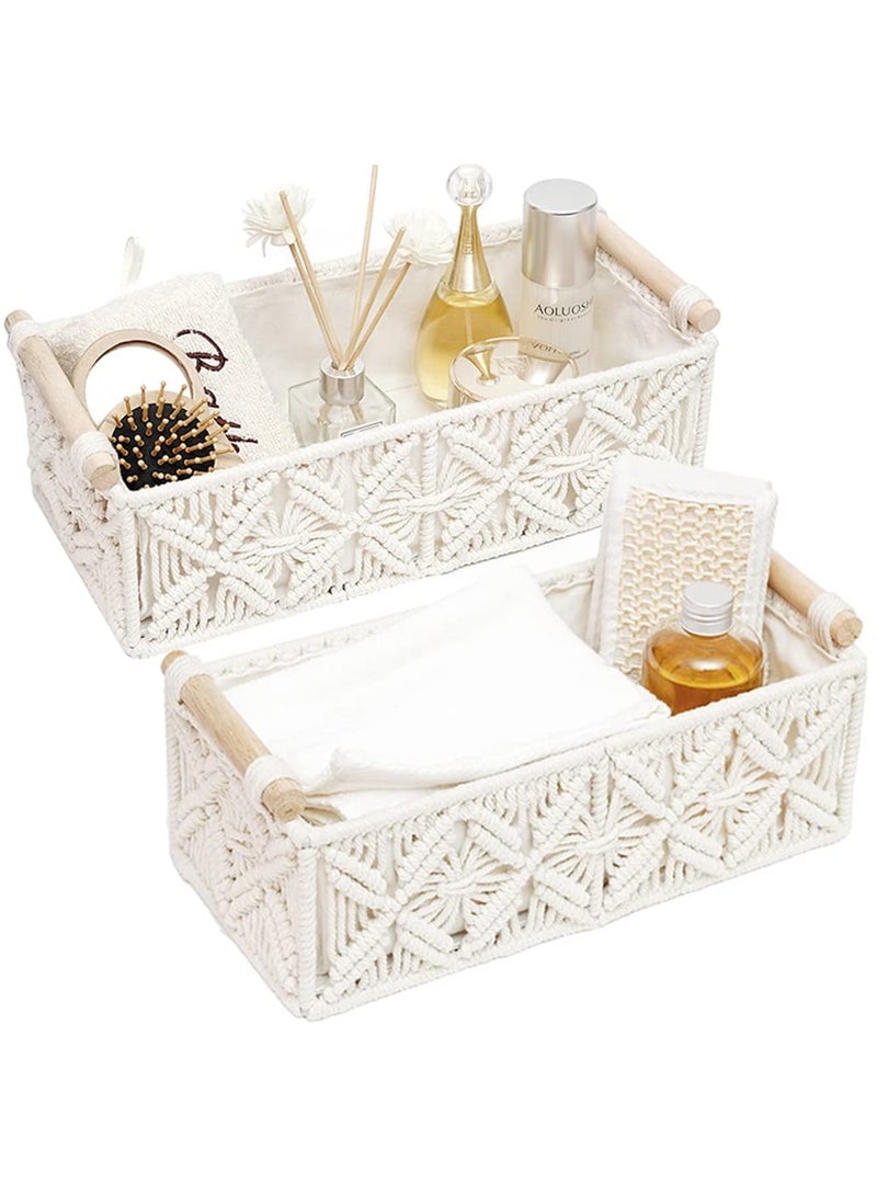 Zikra Macrame Storage Basket Decor Baskets for Organizing Woven Decorative Basket for Countertop Toilet Paper Basket for Toilet Shelf Basket with Handle for Bathroom Bedroom Livingroom Entryway (Set of 2) - Image 1