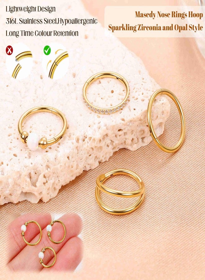 Masedy 4PCS 18G 20G Surgical Steel Nose Ring Hoop for Women Men Hinged Double Nose Hoop CZ Opal Clicker Septum Nose Hoops Cartilage Conch Tragus Rook Ring Lip Daith Piercing Jewelry Gold Silver 7-9MM - Image 5