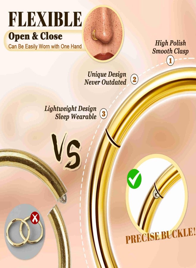 Masedy 4PCS 18G 20G Surgical Steel Nose Ring Hoop for Women Men Hinged Double Nose Hoop CZ Opal Clicker Septum Nose Hoops Cartilage Conch Tragus Rook Ring Lip Daith Piercing Jewelry Gold Silver 7-9MM - Image 3