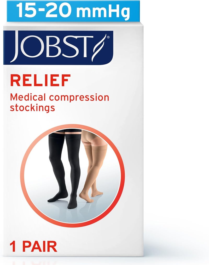 JOBST جوارب ضغط عالية الفخذ JOBST Relief 15-20 مم زئبق، مفتوحة الأصابع مع شريط نقاط سيليكون، كبير، بيج - Image 2