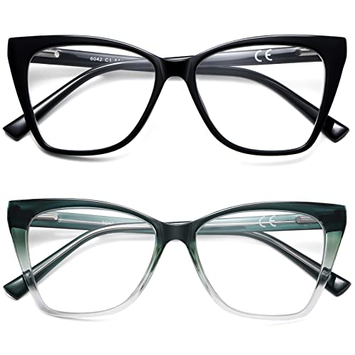 LKEYE Oversized Reading Glasses Women Cat Eye Photochromic Computer Reader Stylish Ladies Designer Fashion Big Unbreakable Eyewear 2Pack Black Dark Green 0 - Image 1