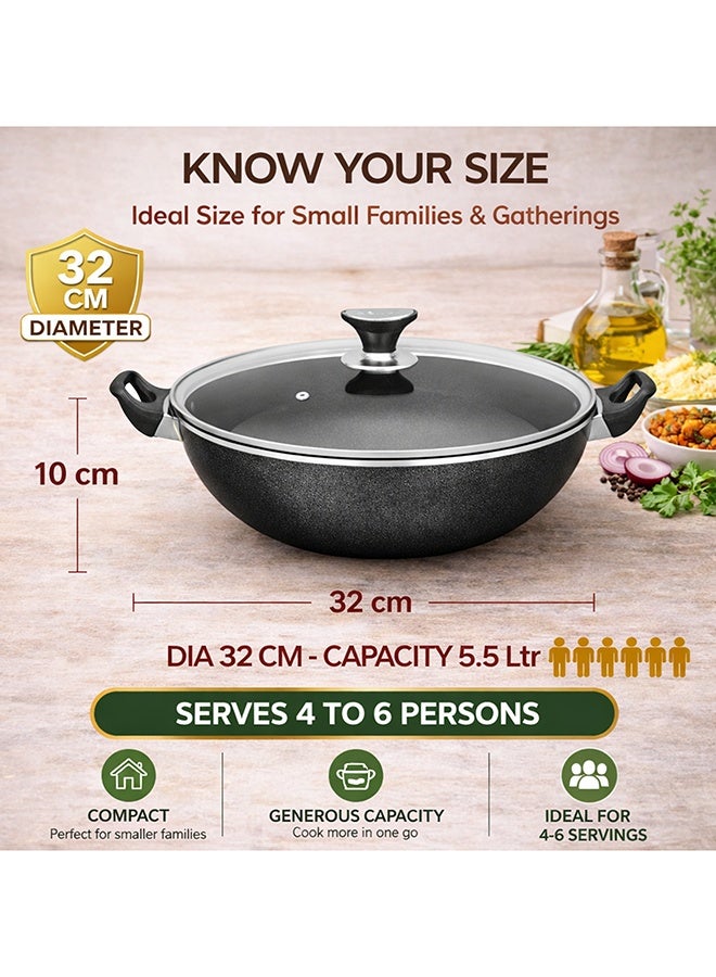 Sonex Cooking Wok With Glass Lid 32 cm & 5.5 Ltr, Teflon Non-Stick Coating PFOA Free & Bakelite Heat Resistant Handle, Durable, Long Lasting Construction, Even Heating, Easy to Clean - Image 2