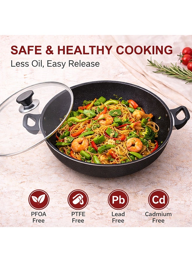 Sonex Cooking Wok With Glass Lid 32 cm & 5.5 Ltr, Teflon Non-Stick Coating PFOA Free & Bakelite Heat Resistant Handle, Durable, Long Lasting Construction, Even Heating, Easy to Clean - Image 3