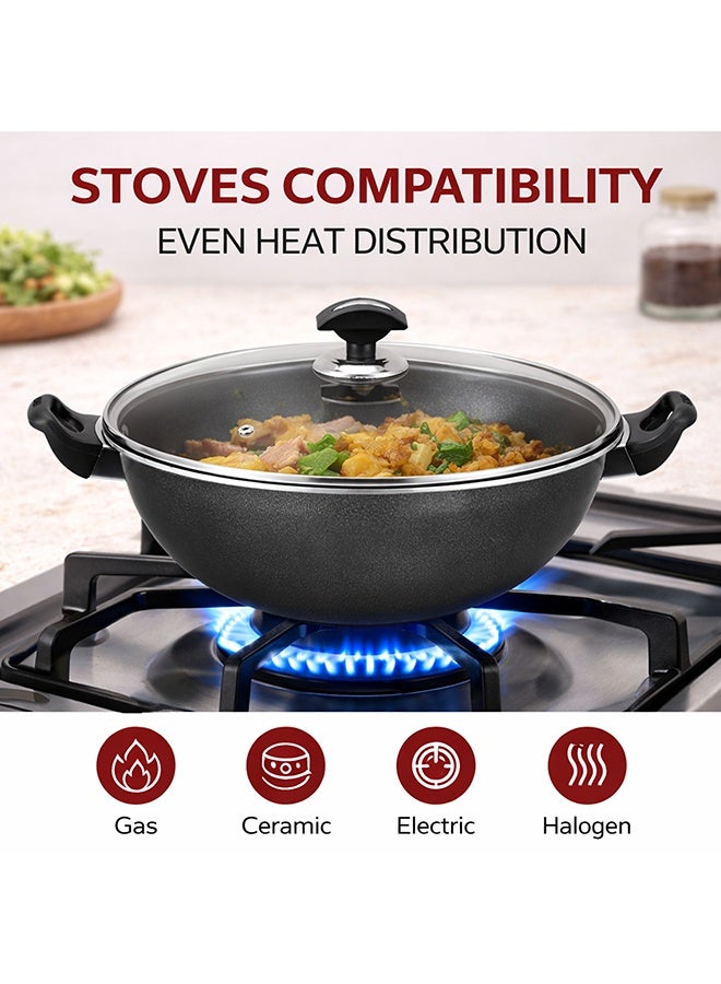 Sonex Cooking Wok With Glass Lid 32 cm & 5.5 Ltr, Teflon Non-Stick Coating PFOA Free & Bakelite Heat Resistant Handle, Durable, Long Lasting Construction, Even Heating, Easy to Clean - Image 4