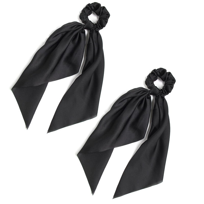 LFOUVRE Pack of 2 Knotted Bow Hair Scrunchies Elastic Hair Scarf Black Hair Ties Bands Satin Hair Ribbon Scrunchy Red Ponytail Holder for Women and Girls (Black) - Image 1
