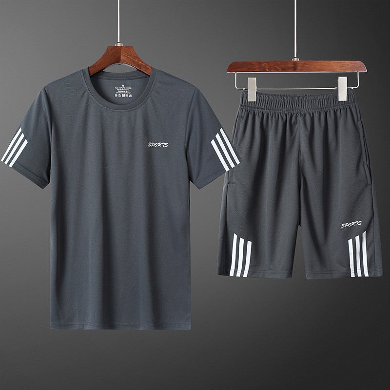Generic Summer Casual Sports Suit Mens Short-sleeved T-shirt Loose Large Size Shorts Two-piece Running Fitness Quick-drying Suit Black  - Image 2