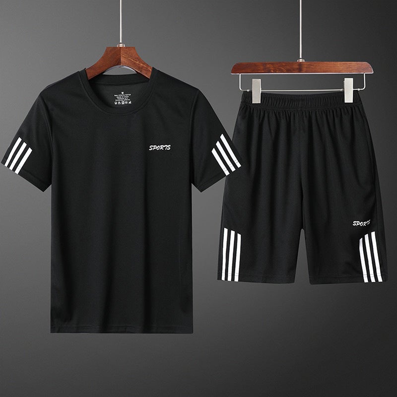 Generic Summer Casual Sports Suit Mens Short-sleeved T-shirt Loose Large Size Shorts Two-piece Running Fitness Quick-drying Suit Black  - Image 1
