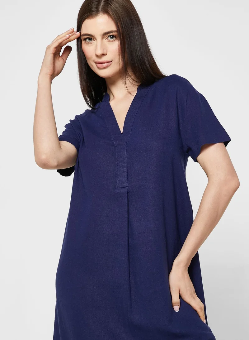 Marks & Spencer Linen Rich Notched Neck Short Sleeve Shift Dress