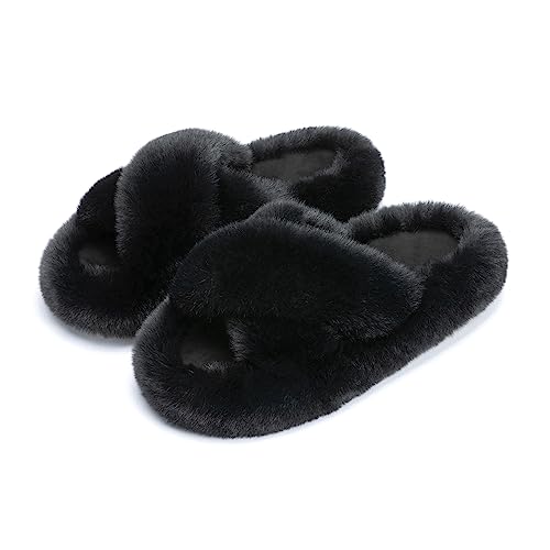 Chantomoo Women's Cross Slippers Memory Foam House Bedroom Slippers for Women Fuzzy Plush Comfy Faux Fur Lined Slide Shoes Anti-Skid Sole Trendy Gift Slippers Black Size 9 10 8.5 - Image 1