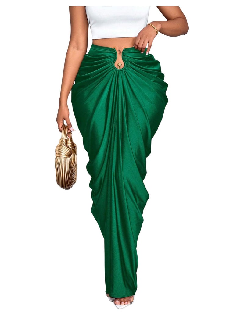 WDIRARA Women's Ruched Bodycon Maxi Skirt Cocktail Party High Waisted Long Fishtail Skirts Dark Green Small - Image 1