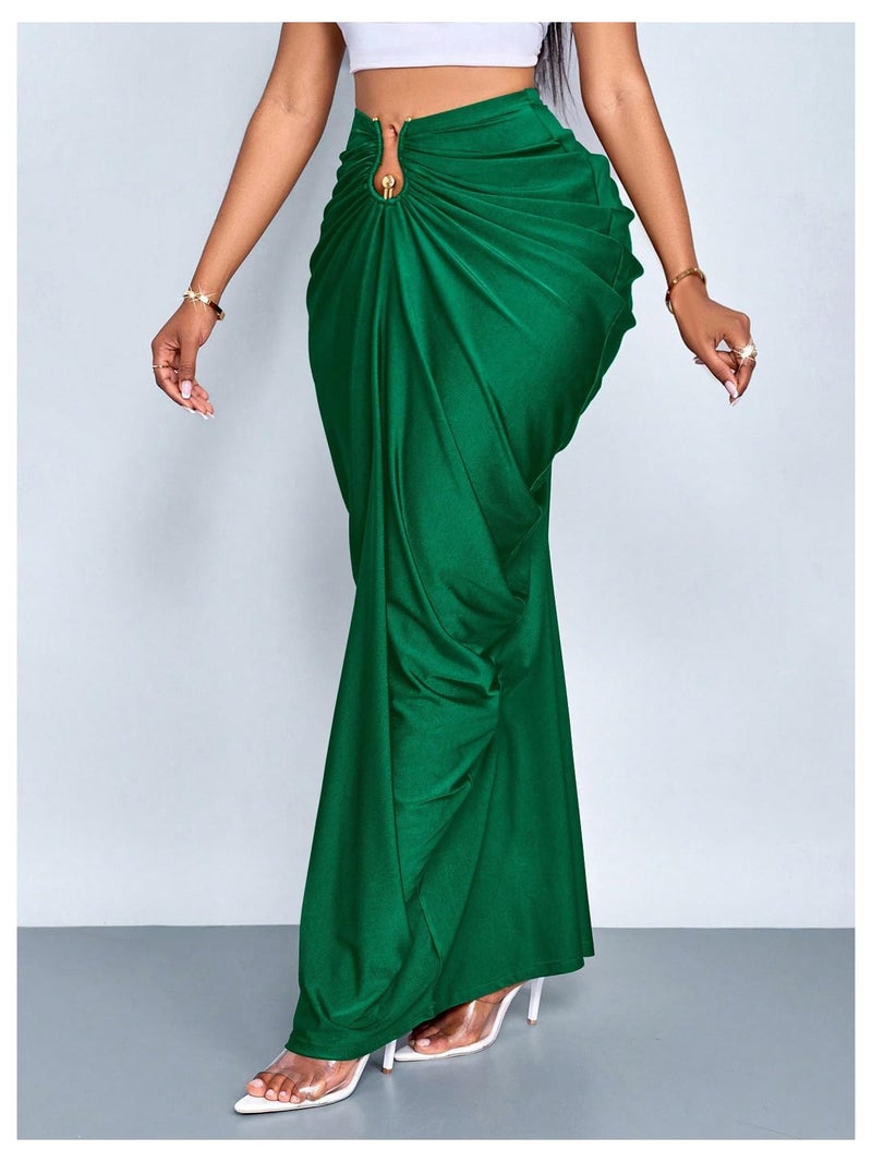 WDIRARA Women's Ruched Bodycon Maxi Skirt Cocktail Party High Waisted Long Fishtail Skirts Dark Green Small - Image 3