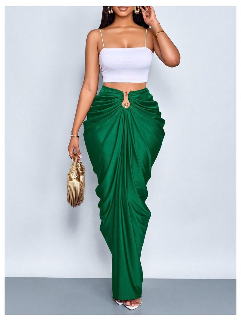 WDIRARA Women's Ruched Bodycon Maxi Skirt Cocktail Party High Waisted Long Fishtail Skirts Dark Green Small - Image 5