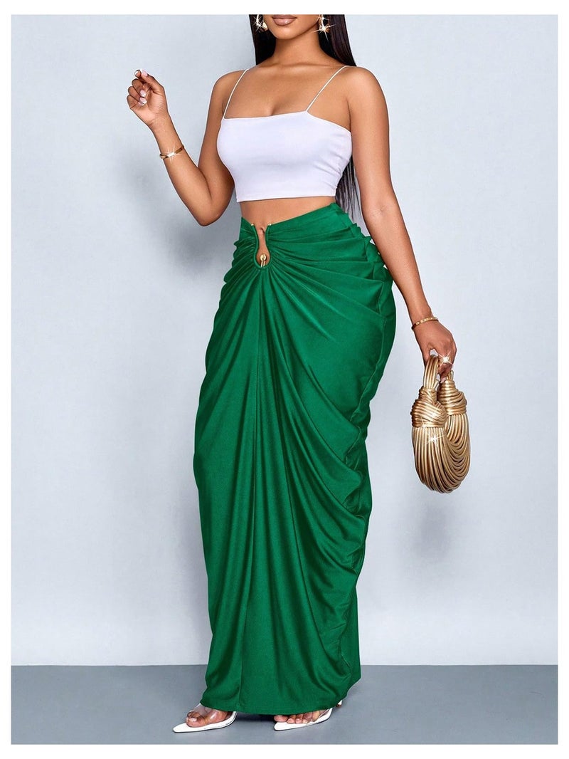 WDIRARA Women's Ruched Bodycon Maxi Skirt Cocktail Party High Waisted Long Fishtail Skirts Dark Green Small - Image 4