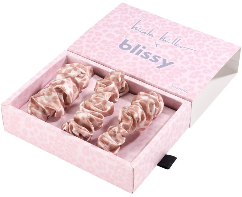 Blissy Silk Scrunchies (3 Pack) - 100% Pure Mulberry Silk - 22 Momme 6A High-Grade Fibers Scrunchie for Straight & Curly Hair (Nicole Miller - Mauve Cheetah, Regular) - Image 1