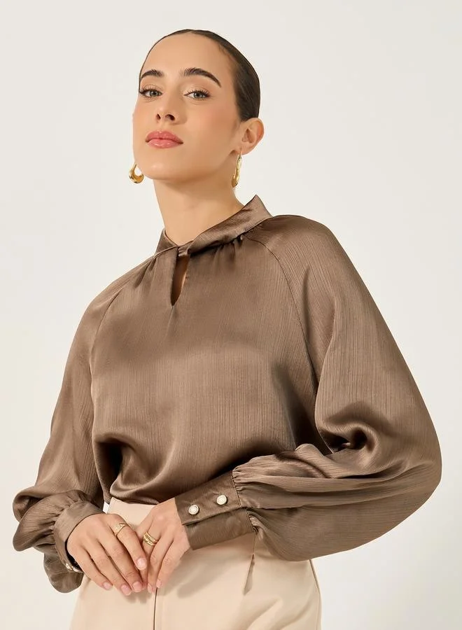 Styli Textured Satin Balloon Sleeve Blouse with Button Detail