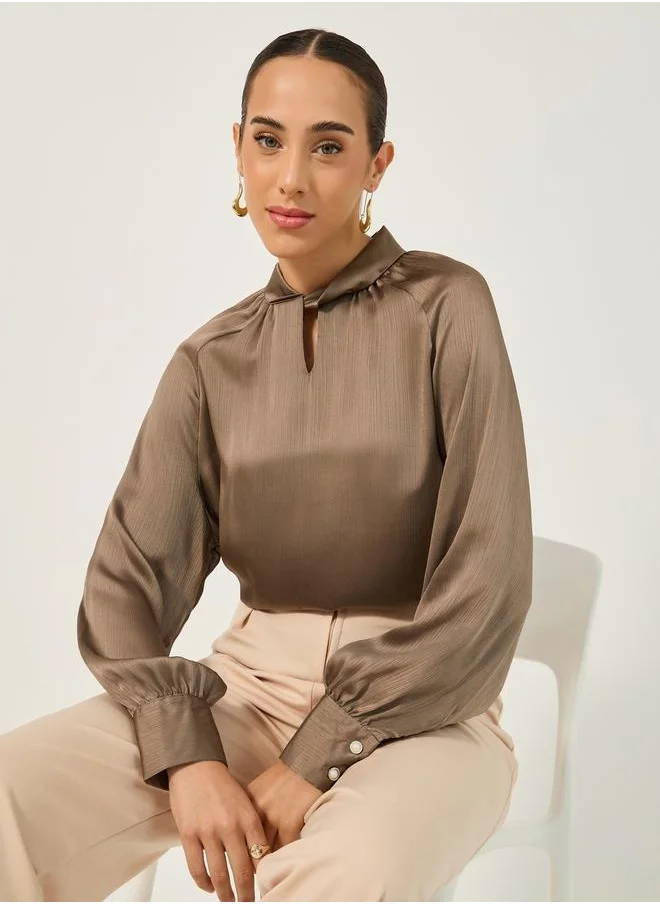 Styli Textured Satin Balloon Sleeve Blouse with Button Detail