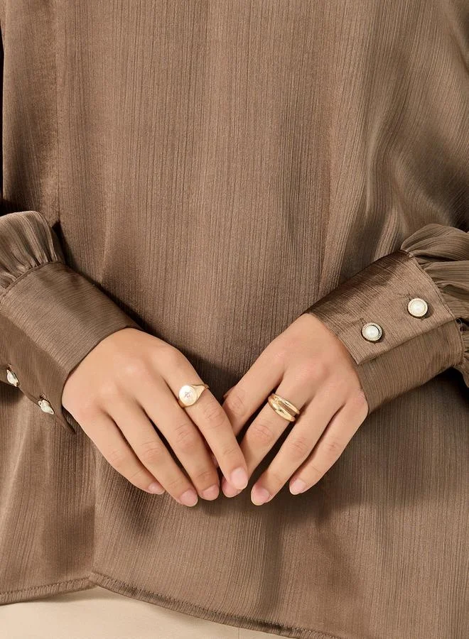 Styli Textured Satin Balloon Sleeve Blouse with Button Detail
