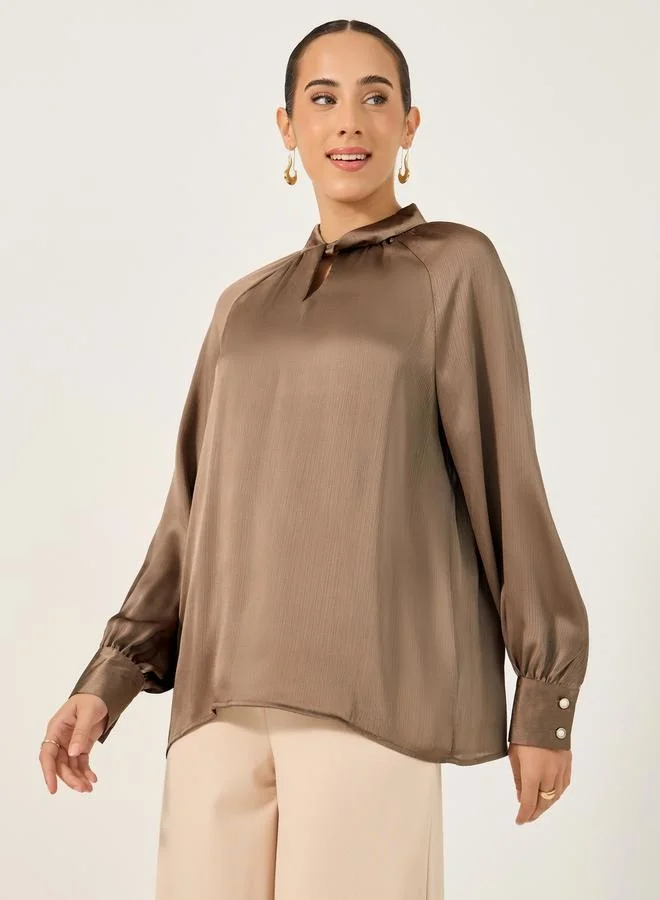 Styli Textured Satin Balloon Sleeve Blouse with Button Detail