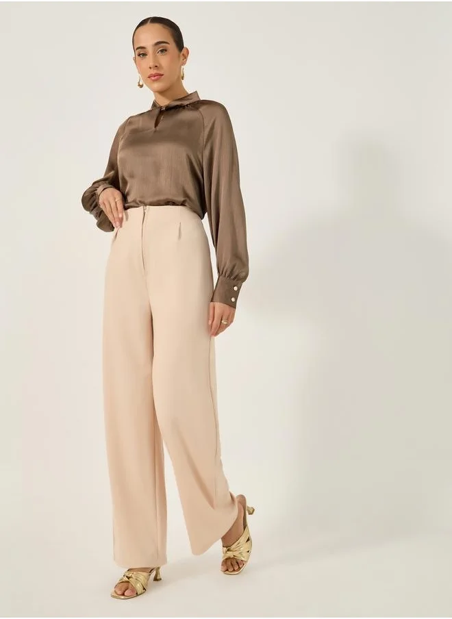 Styli Textured Satin Balloon Sleeve Blouse with Button Detail