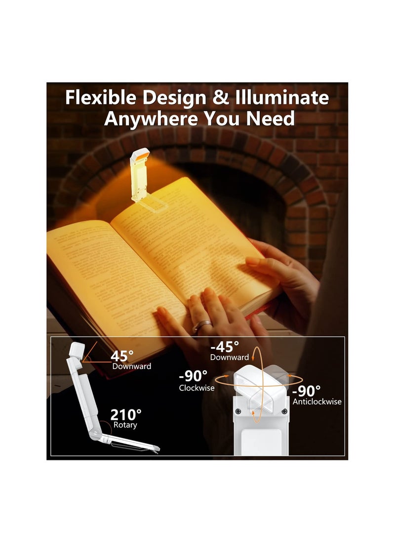 USB Rechargeable Book Light with Timer, Ultralight 1.4 oz Clip-on Bookmark, 3 Colors & 5 Brightness Levels, 500 mAh Battery for 80+ Hours, Ideal for Book Lovers (White)